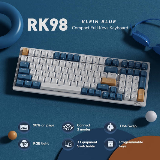 RK98 Wireless Mechanical Keyboard, 100 Keys 98% Layout with Custom Switches Hot Swappable, Tri-Mode BT5.1/2.4G/USB-C Full Size Gaming Keyboard with Numpad RGB, Brown Switch