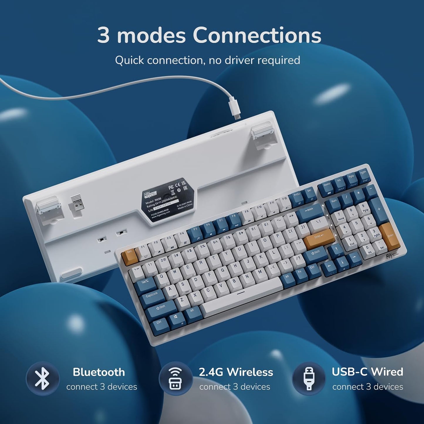 RK98 Wireless Mechanical Keyboard, 100 Keys 98% Layout with Custom Switches Hot Swappable, Tri-Mode BT5.1/2.4G/USB-C Full Size Gaming Keyboard with Numpad RGB, Brown Switch