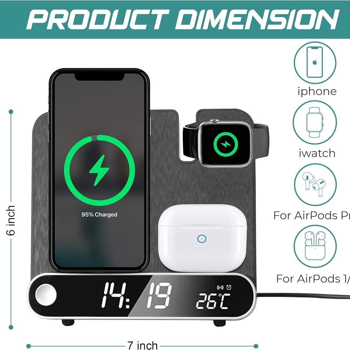 CarryCircuit 3-in-1 Wireless Charging Station with Clock & Temperature Display