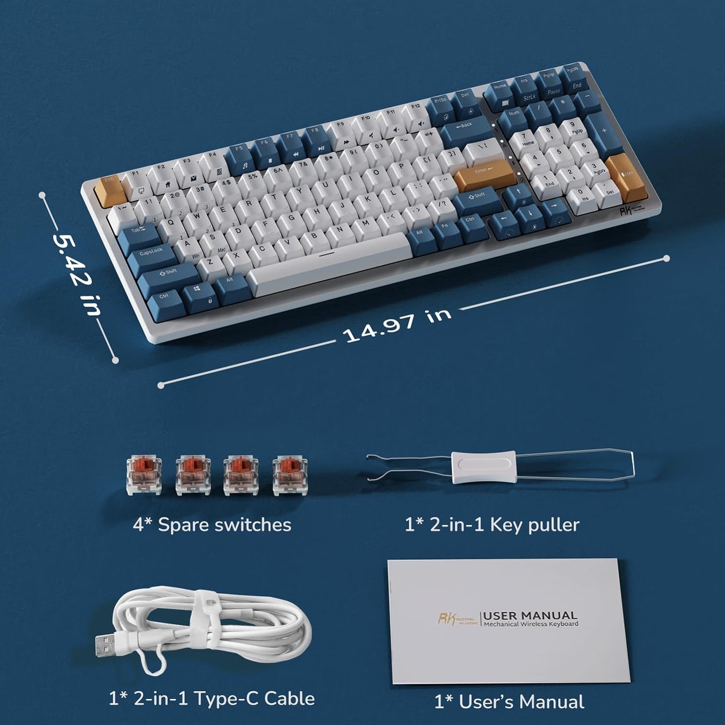 RK98 Wireless Mechanical Keyboard, 100 Keys 98% Layout with Custom Switches Hot Swappable, Tri-Mode BT5.1/2.4G/USB-C Full Size Gaming Keyboard with Numpad RGB, Brown Switch