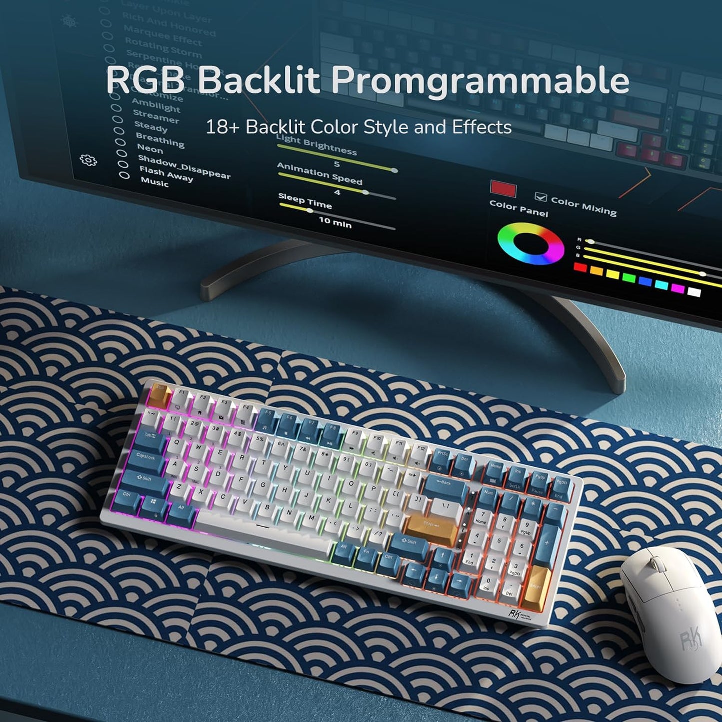 RK98 Wireless Mechanical Keyboard, 100 Keys 98% Layout with Custom Switches Hot Swappable, Tri-Mode BT5.1/2.4G/USB-C Full Size Gaming Keyboard with Numpad RGB, Brown Switch